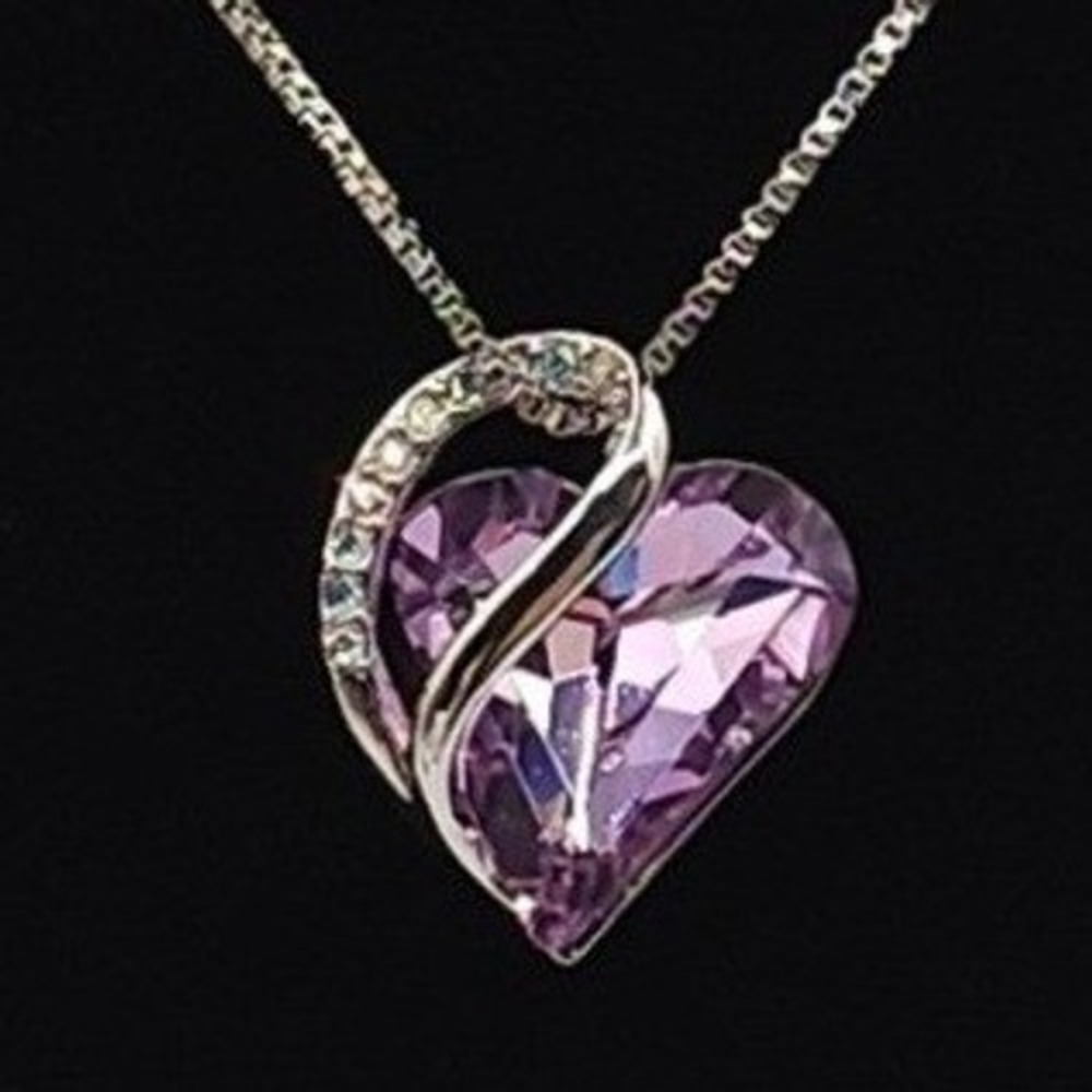 Infinity Heart Pendant Necklace Siler Tone Purple Birthstone Alexandrite Crystal